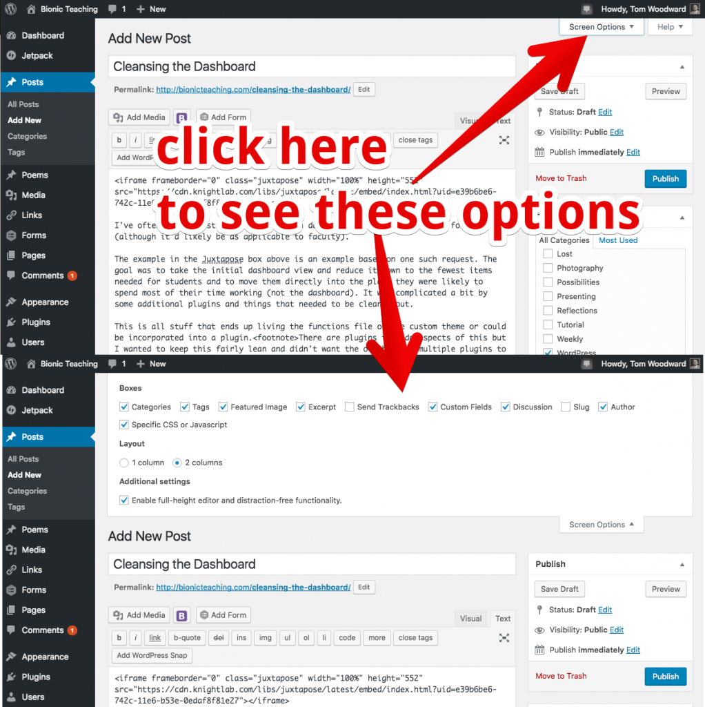 selected screen options tab in wordpress