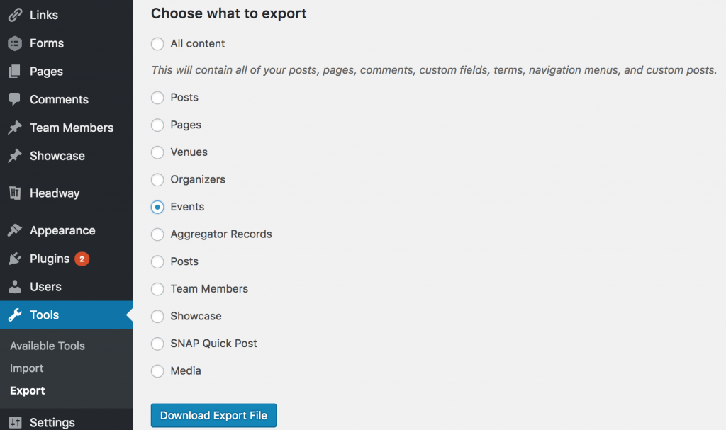 The WordPress export screen showing Events as the designated export option selected.
