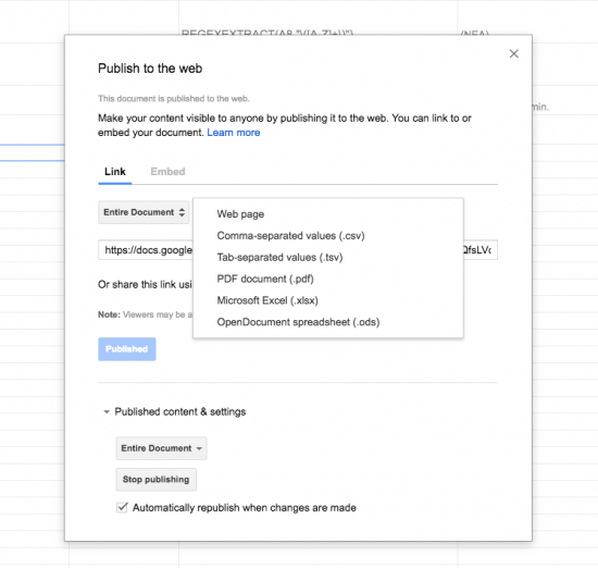 Publishing options for a Google Spreadsheet include CSV, PDF,  webpage, Excel.
