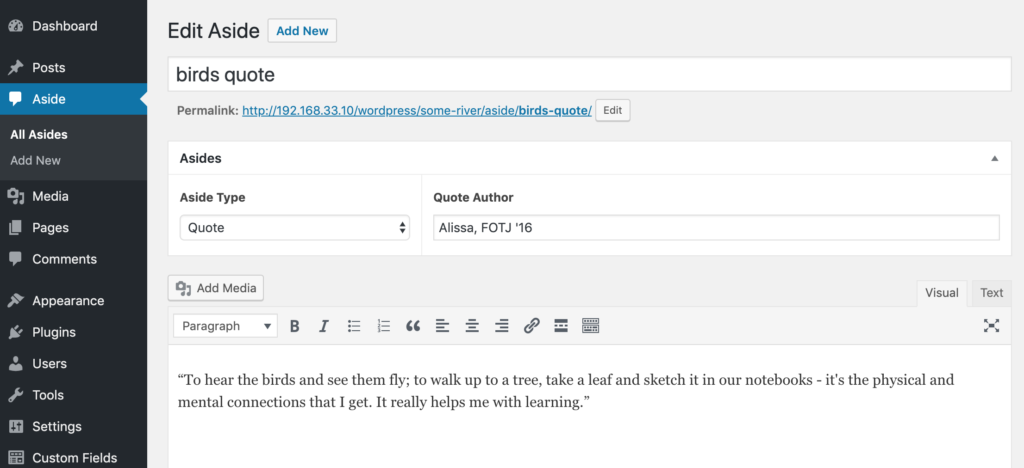 Screenshot of the ACF layout for the custom post type 'aside.'