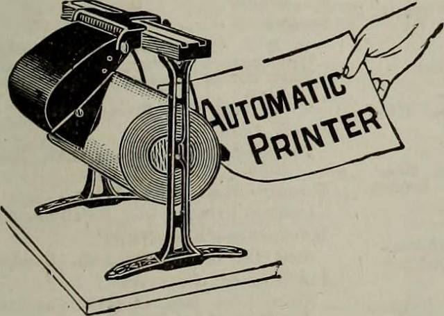 An old newspaper ad showing an automatic printer.