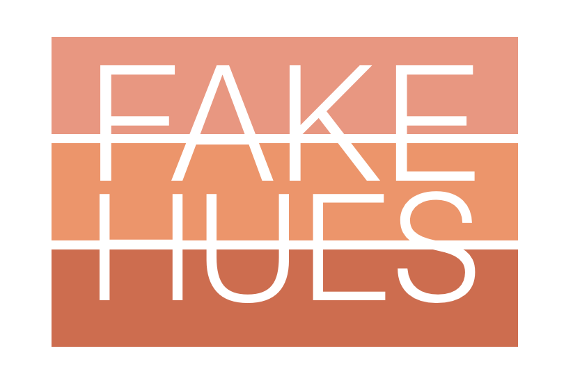 Three rows of orange-ish colors with the text 'fake hues' over the top of them in white.