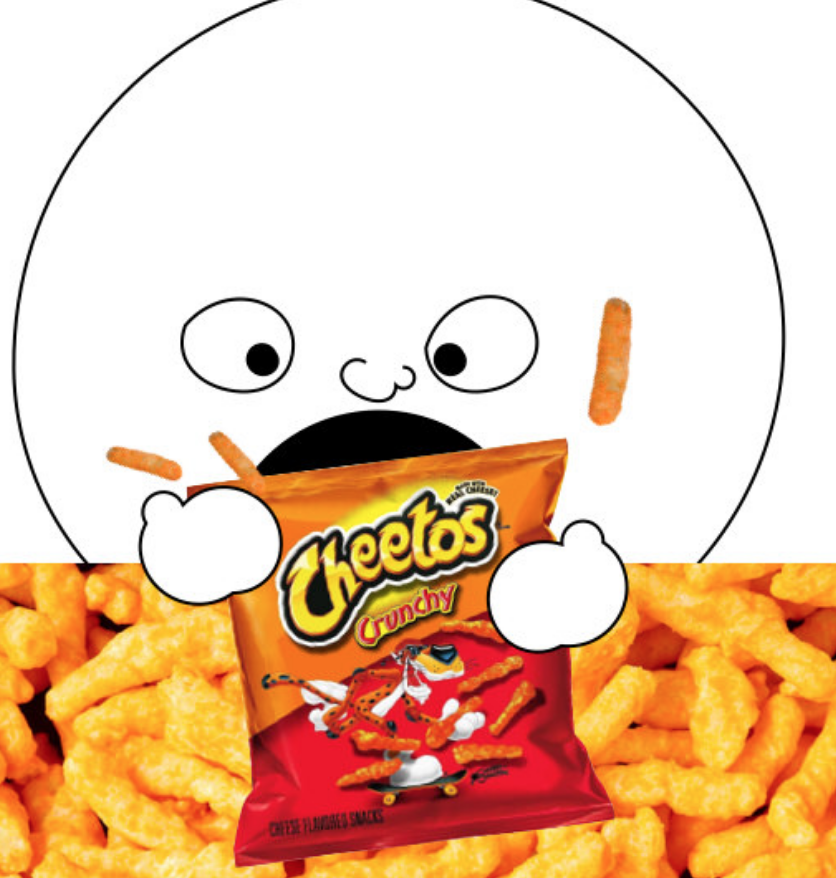 cartoon face eating cheetos.