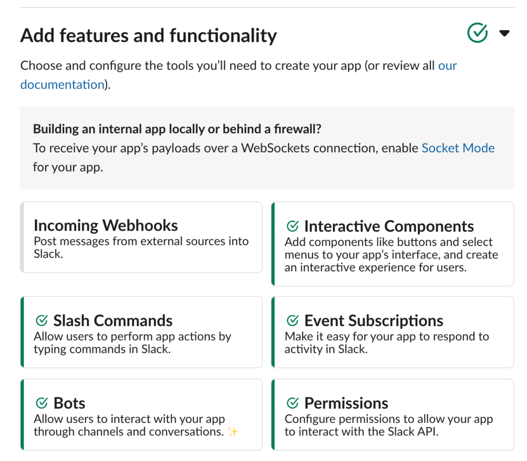 Slack App permissions with everything selected except incoming webhooks.