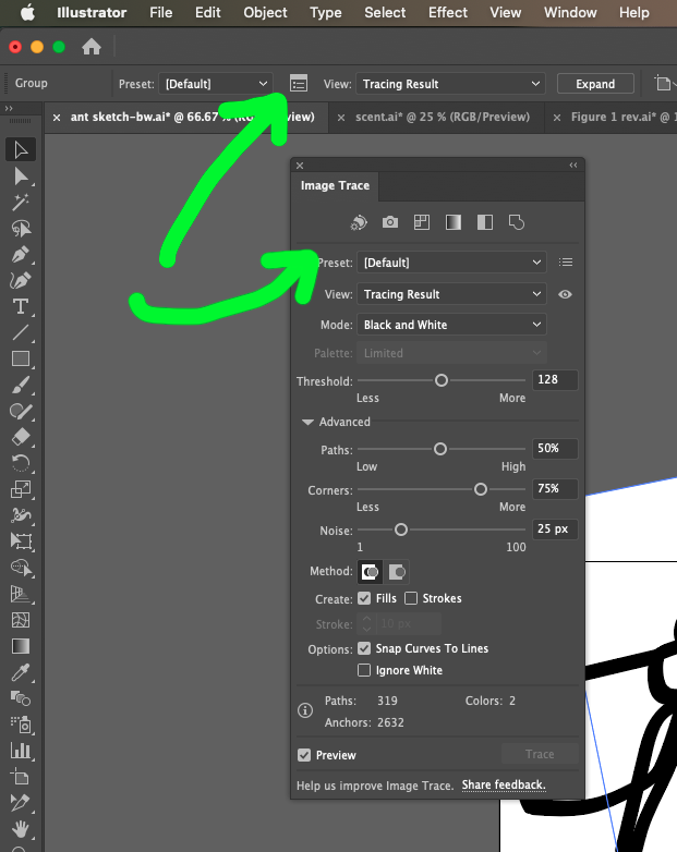 Illustrator screenshot showing an arrow point to a small panel in the tool menu bar that opens the tracing options panel. 