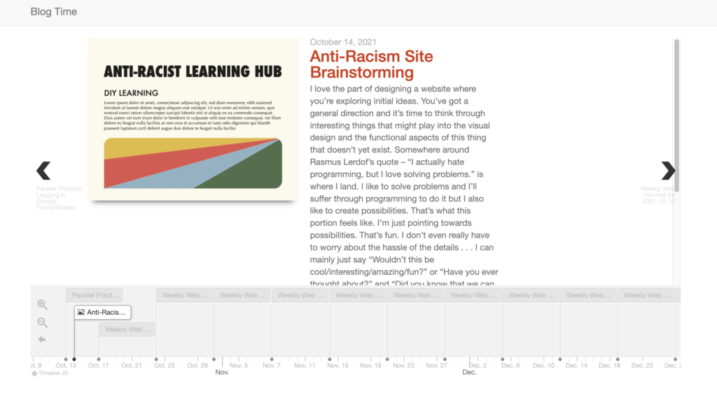 A screenshot of Timeline JS showing content provided by WordPress's post data JSON.