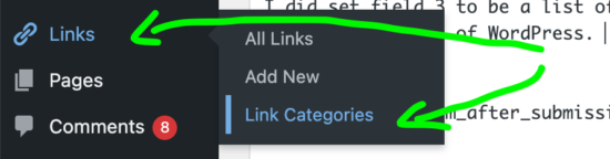 Screenshot showing the selection of Links>Link Categories from the WordPress dashboard sidebar.