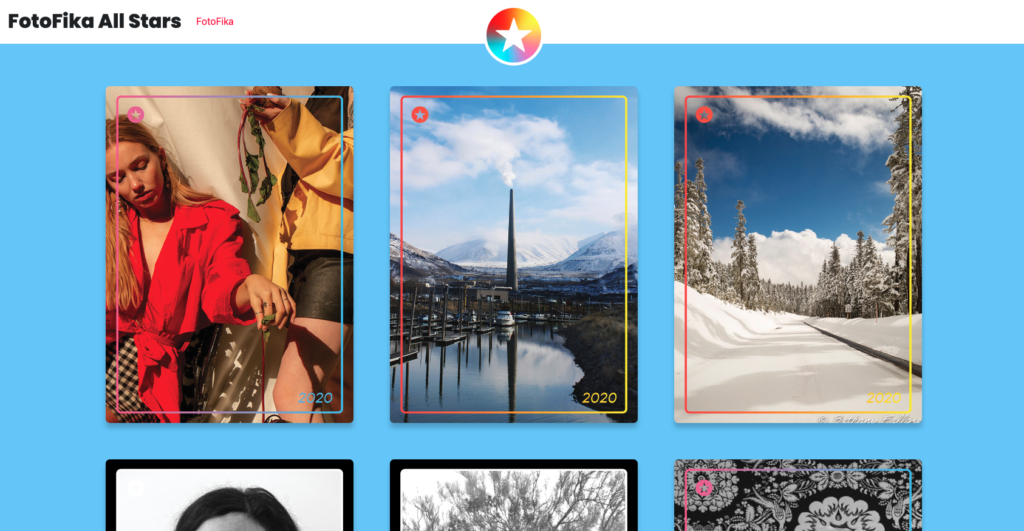A screenshot of the FotoFika all stars site showing a variety of images that are like sports cards but contain artistic photographs. 
