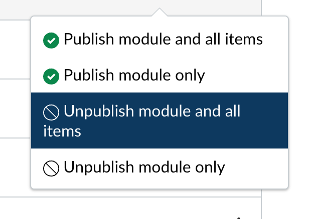A Canvas menu that clearly says "unpublish module and all items."
