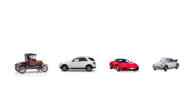 Four very different looking cars. An old Model-T Ford, some generic SUV crossover, a red Porsche, and a VW bug.