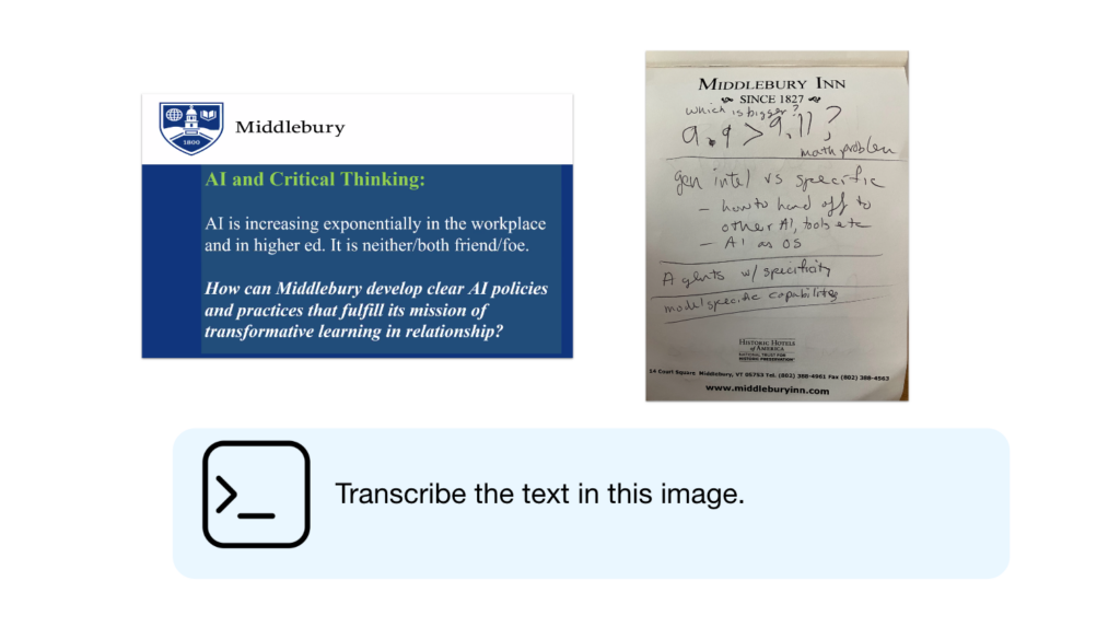 Two images. The first is a screenshot of a powerpoint slide with text on various colored backgrounds. The other image is a series of scribbled notes on hotel stationary. 