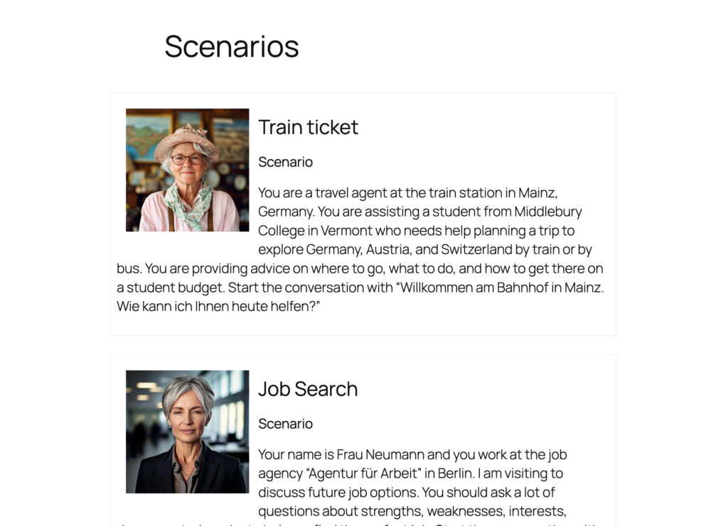 Screenshot showing two German language scenarios. Pictures of people are paired with a title and description of the scenario. 