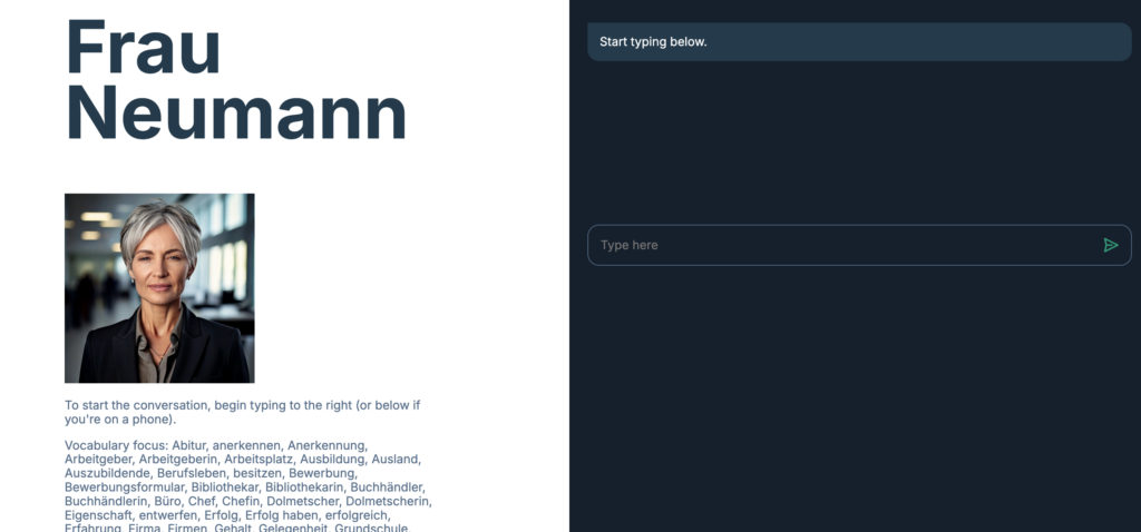 A screenshot of the AI chatbot. The image of a woman and description of the scenario are on the left. The chat layout is on the right.