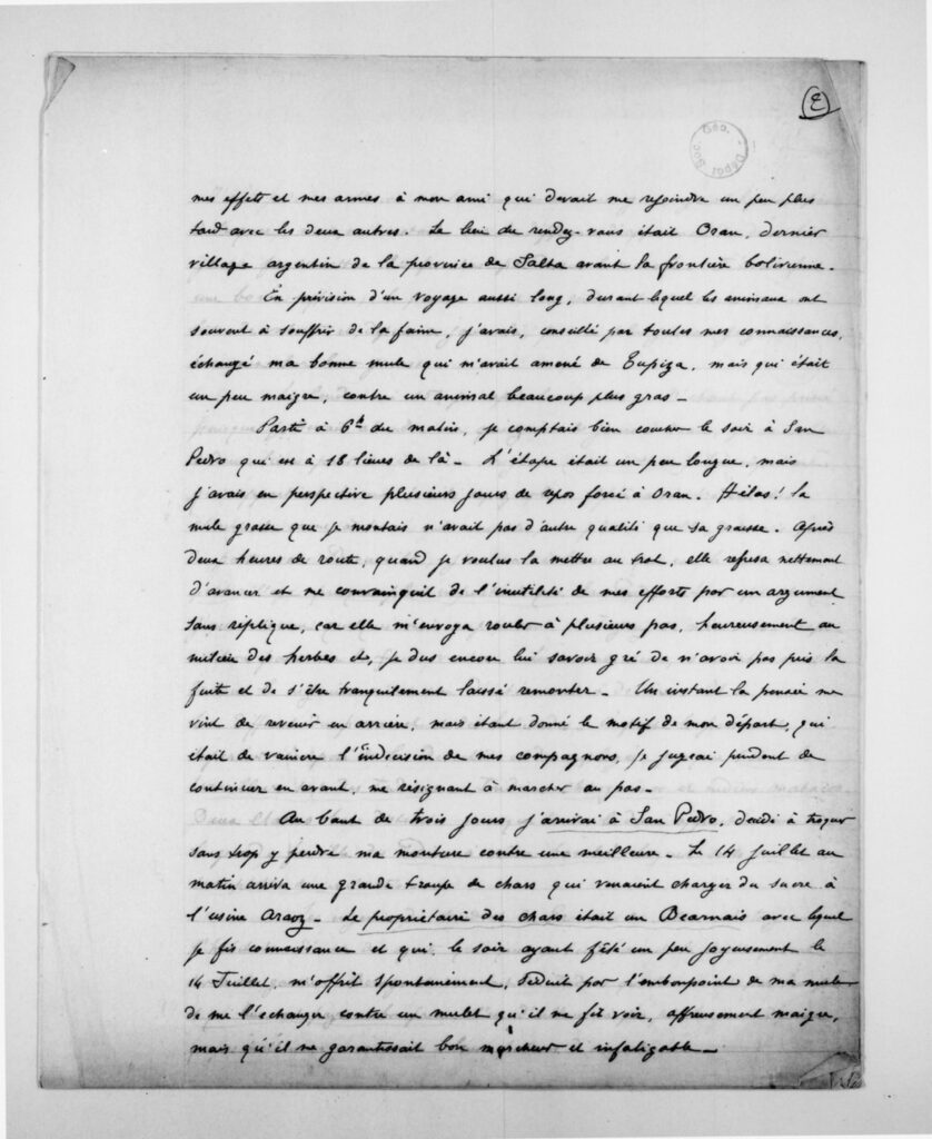 A handwritten page from a travel journal written in French. The writing is older style cursive and the image is decent but with some artifacts that make reading difficult.