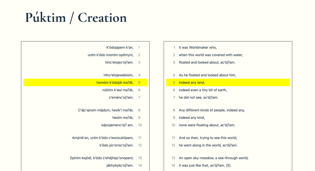 A screenshot showing the Maidu text and the English translation side-by-side. There is one line highlighted in yellow.