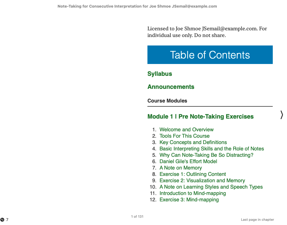 Screenshot of Canvas ePub export with customization showing the person's name in the title and embedded in the page.